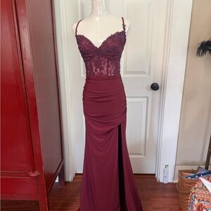 La Femme Burgundy Lace Prom Dress